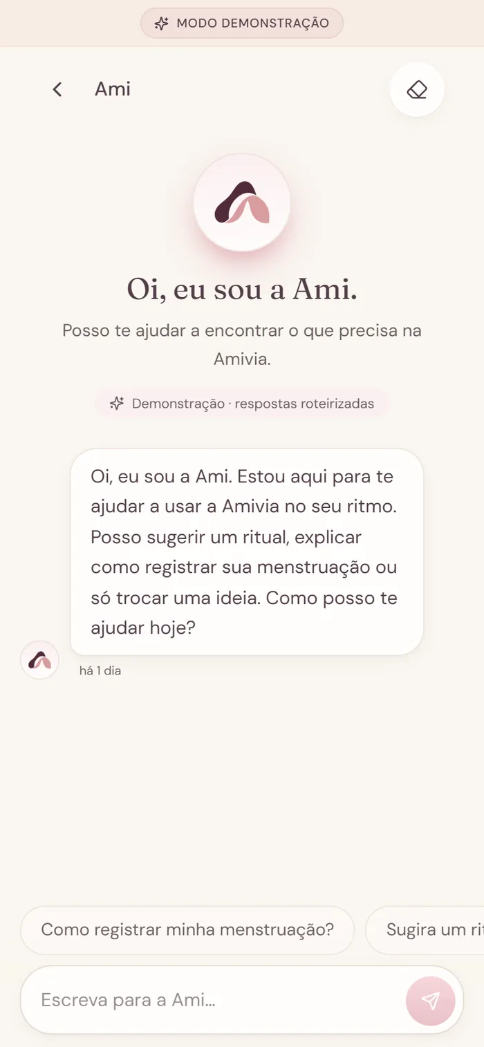 Tela da Ami com o aviso Demonstração, respostas roteirizadas.