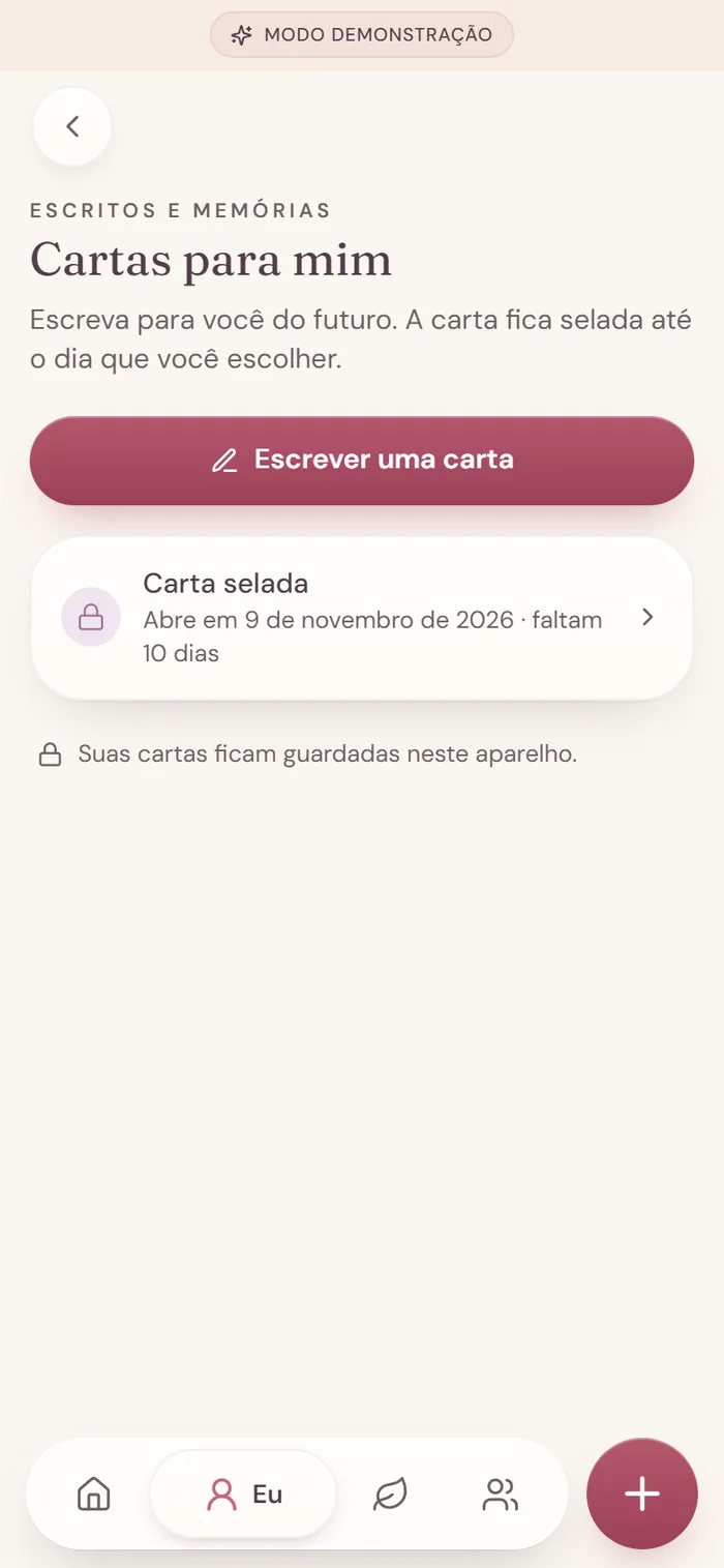 Tela Cartas para mim com uma carta selada até uma data futura.