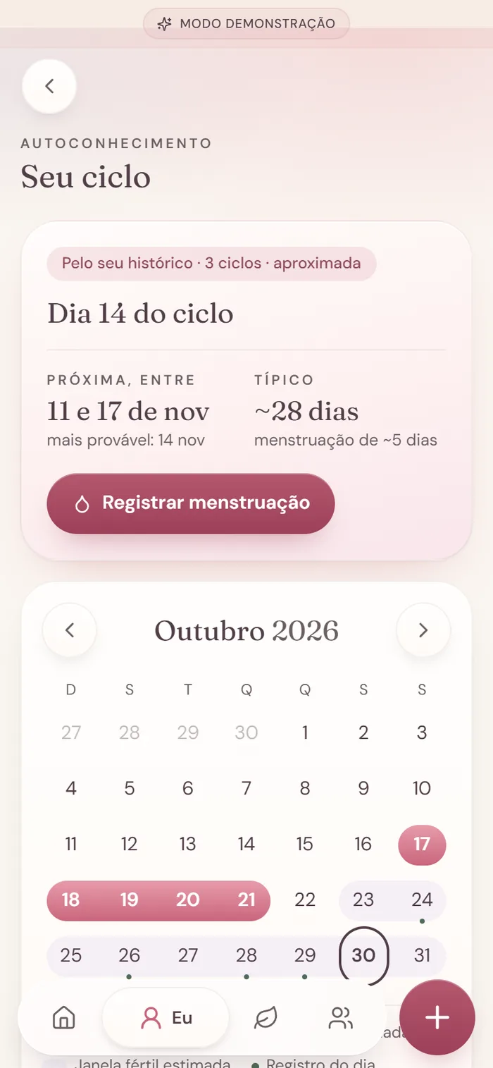 Cartão Seu ciclo: dia 14, próxima entre 11 e 17 de novembro, mais provável 14 de novembro, ciclo típico de cerca de 28 dias.