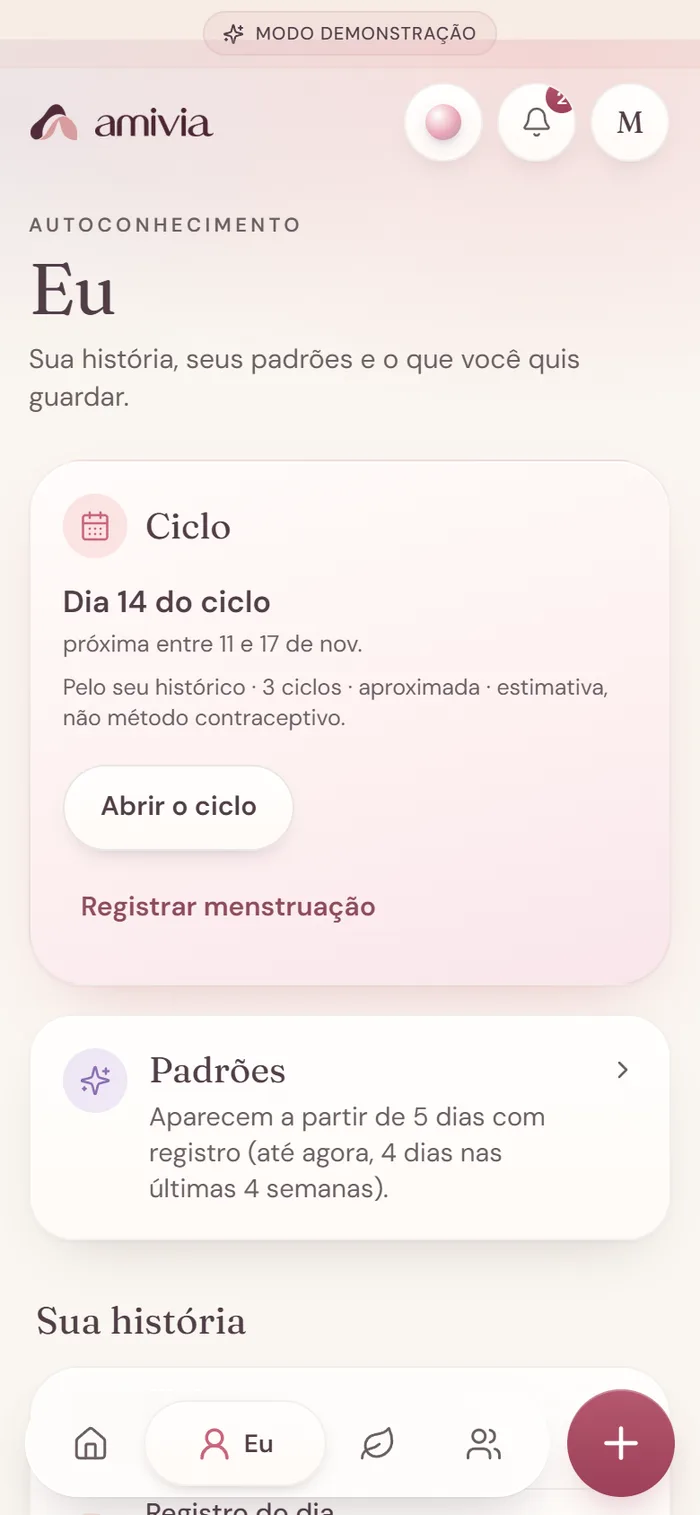 Tela Eu: cartão do ciclo com a estimativa aproximada, padrões e sua história.