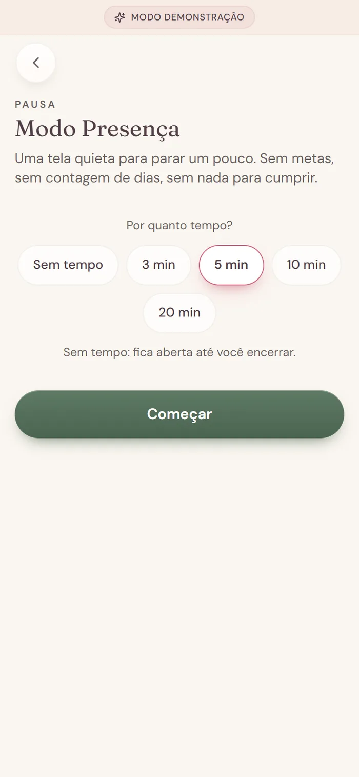 Tela Modo Presença com escolha de tempo.