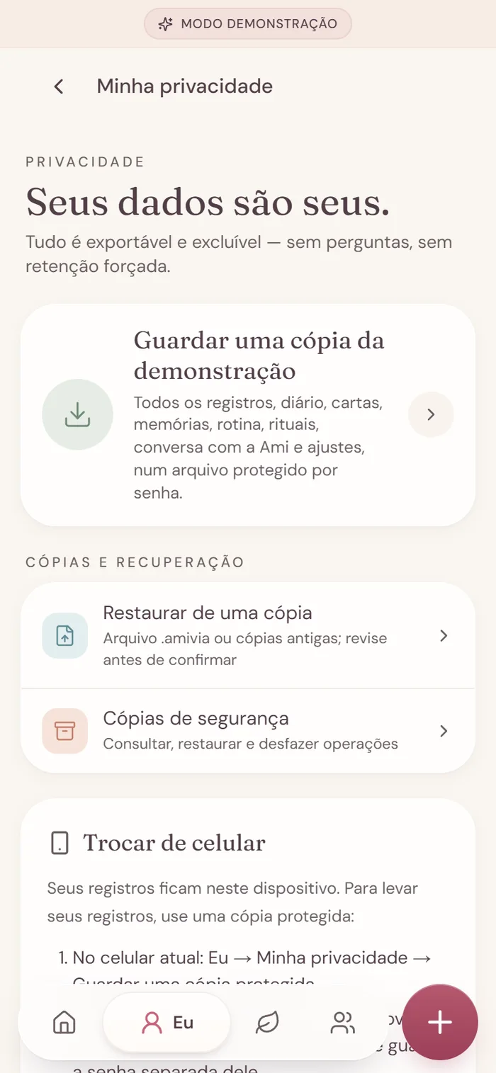 Tela Minha privacidade: guardar uma cópia protegida, restaurar e cópias de segurança.