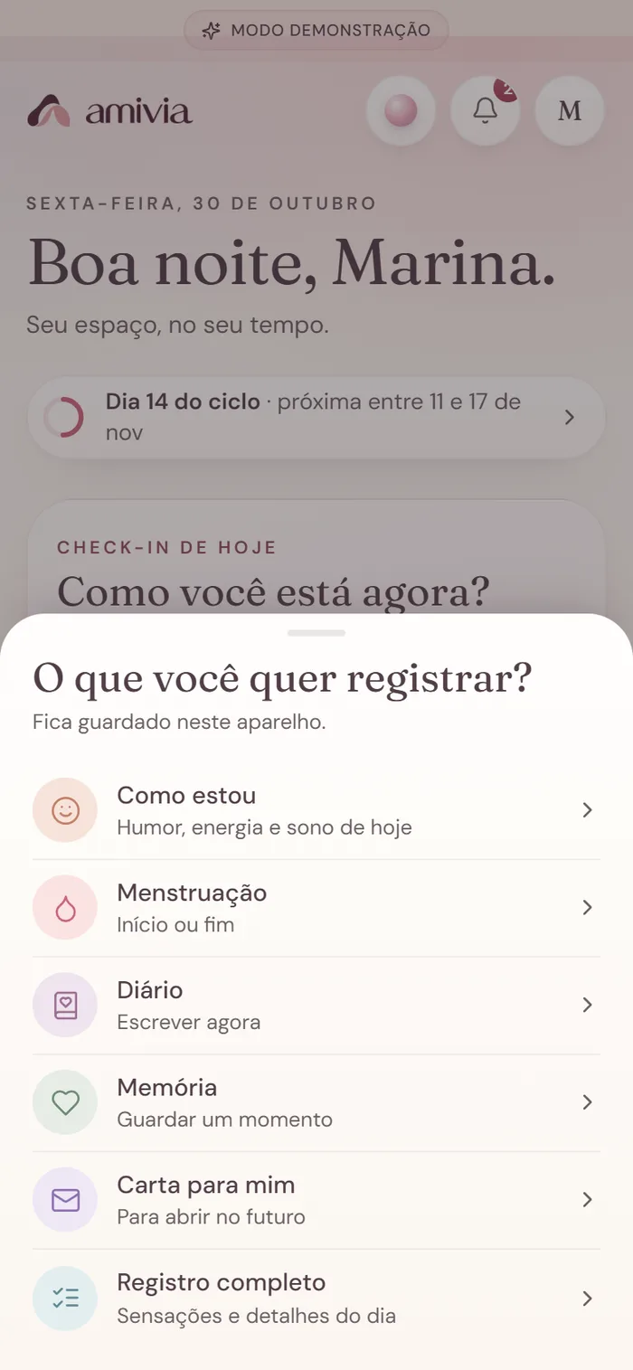 Painel O que você quer registrar: como estou, menstruação, diário, memória, carta para mim e registro completo.