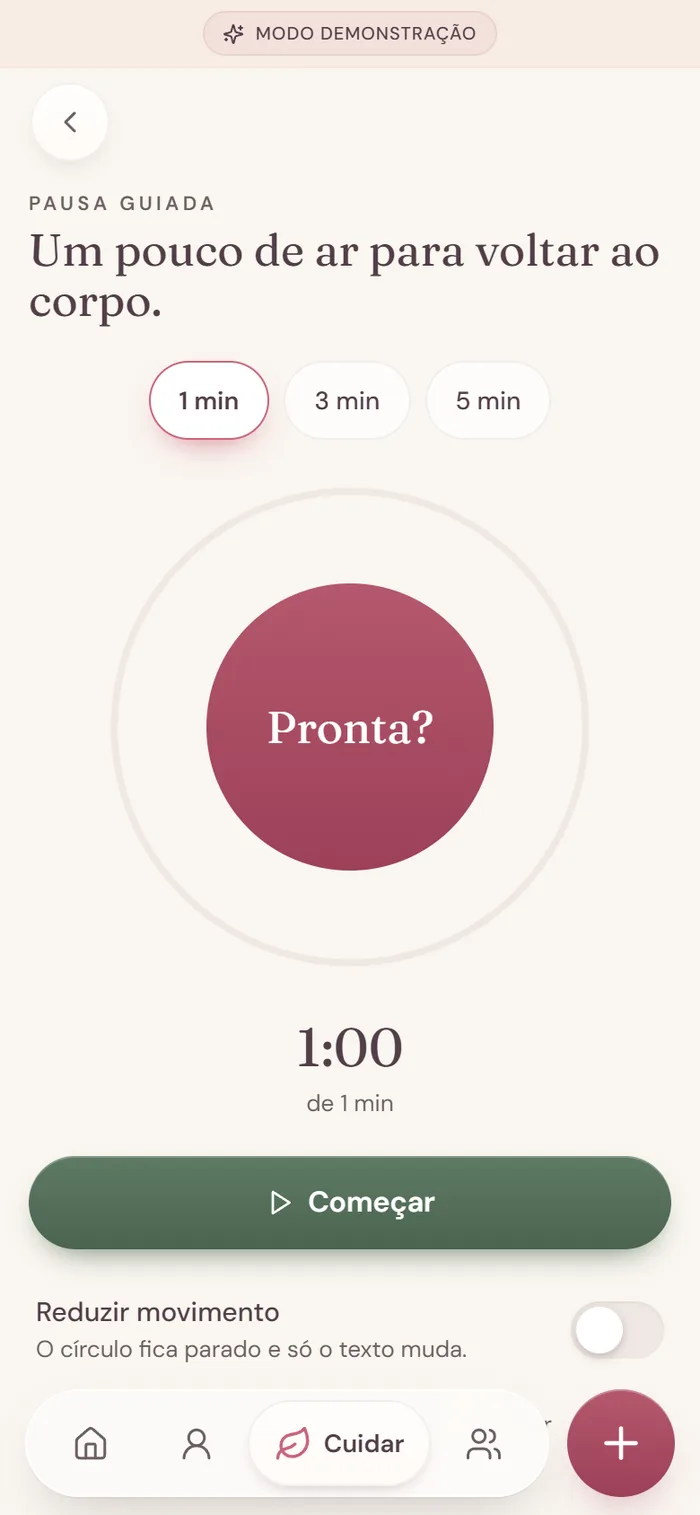Tela de respiração guiada com círculo e escolha de 1, 3 ou 5 minutos.