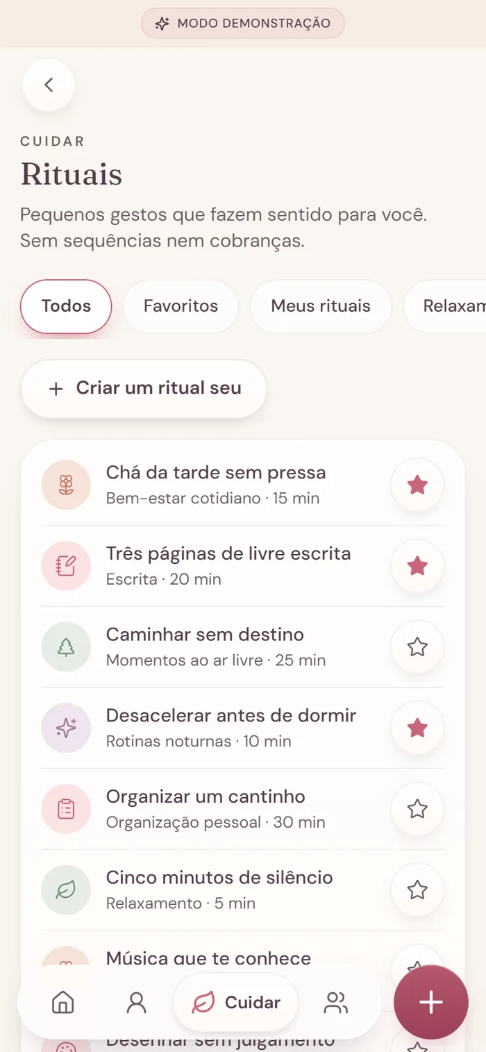 Tela Rituais com categorias e a lista de pequenos gestos.