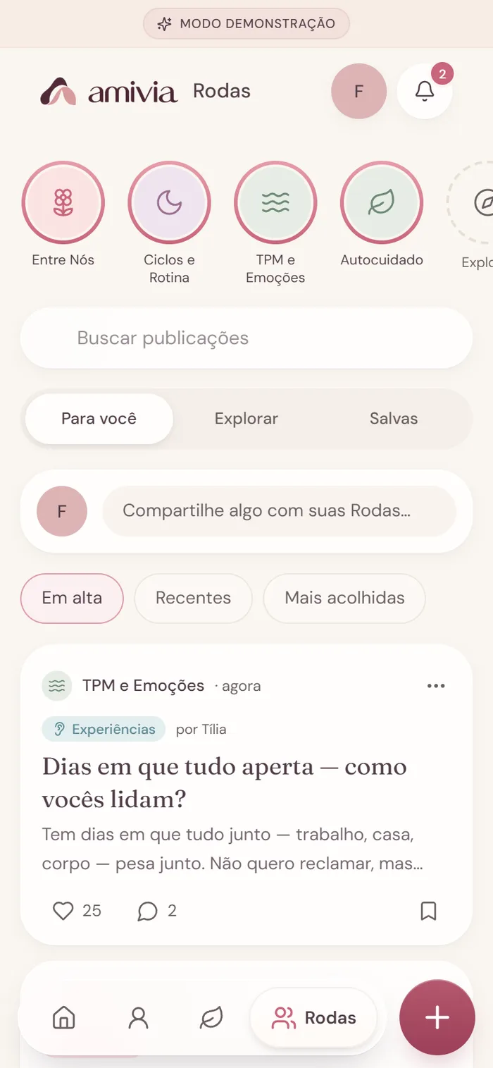 Prévia das Rodas em modo de demonstração, com lista de Rodas e uma publicação fictícia.